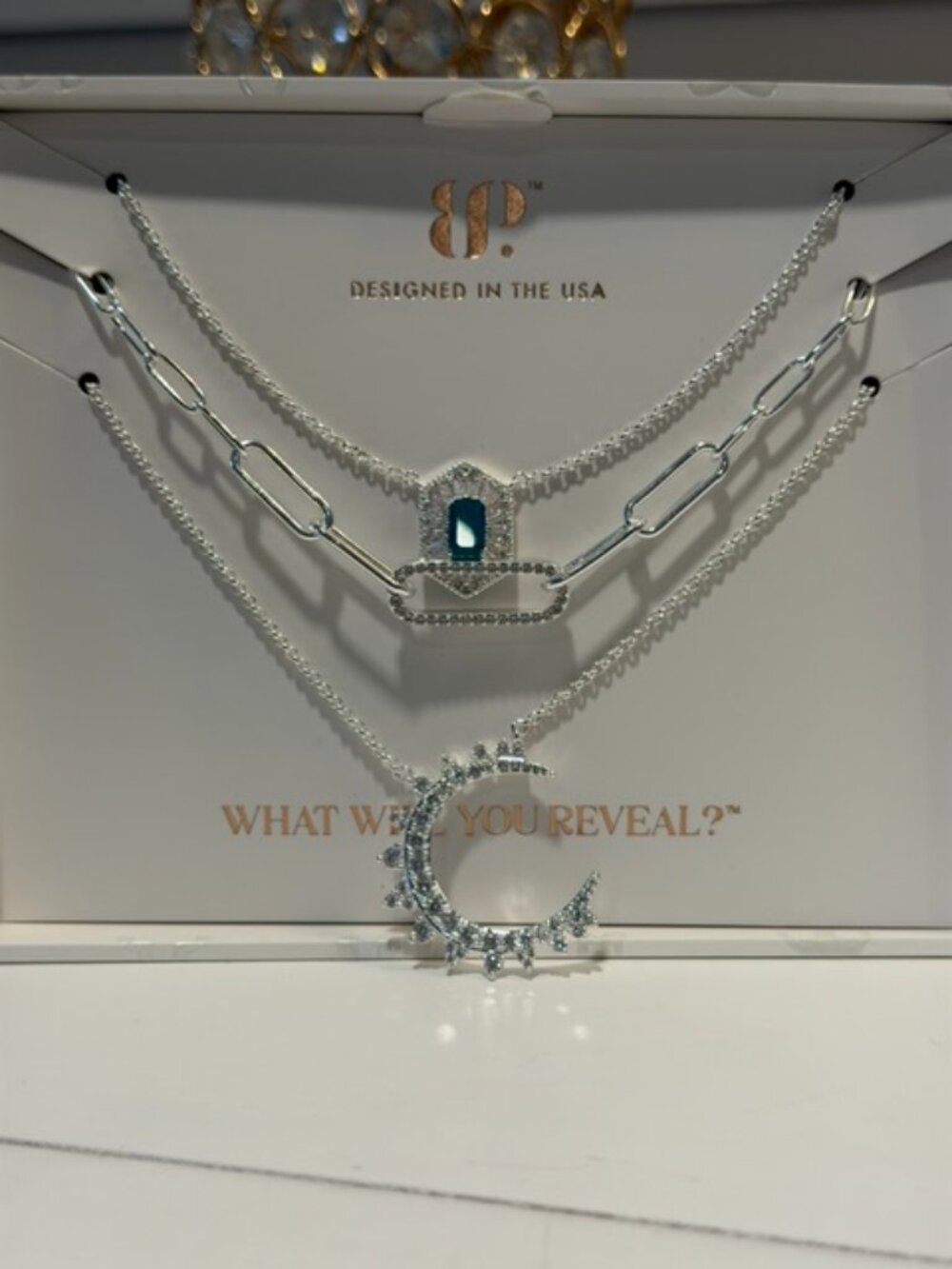 BP Bomb Party Luxe Layers "Velvet Sky" 3-Chain Necklace Paraiba Crescent Moon NE